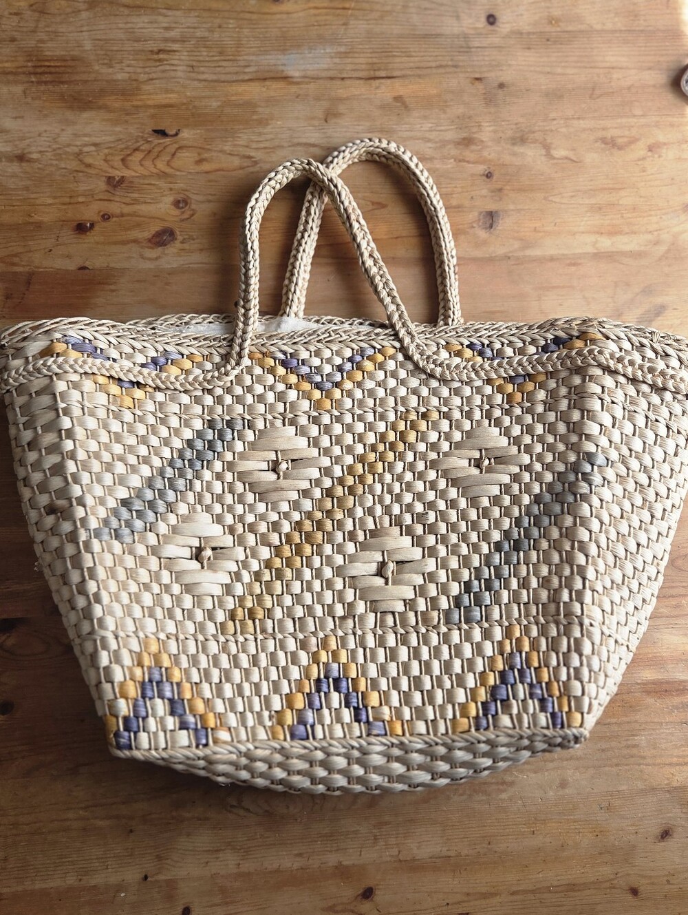 Unbranded Woven Straw Tote Bag Blue Mustard Geometric Beach OS